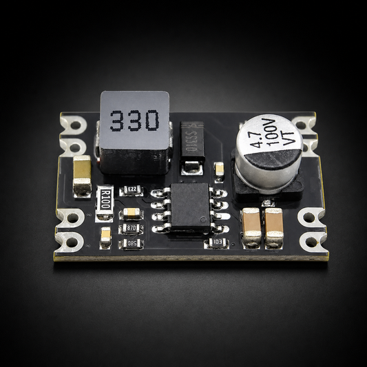 7v to 100v Input DC to DC Stepdown module 5v 1amp output on a black studio background