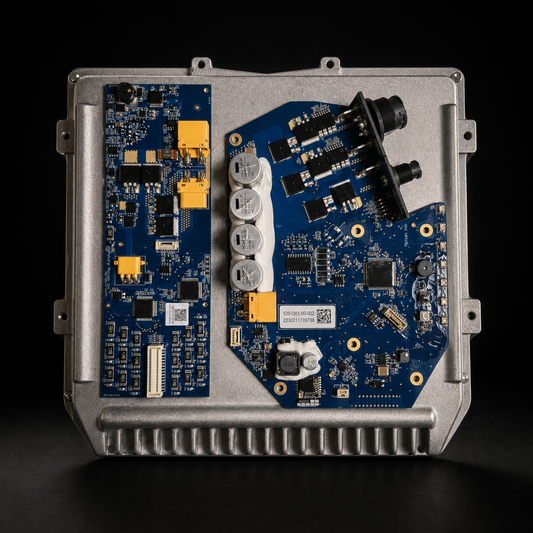 Stock GT One wheel controller and BMS on a black studio background