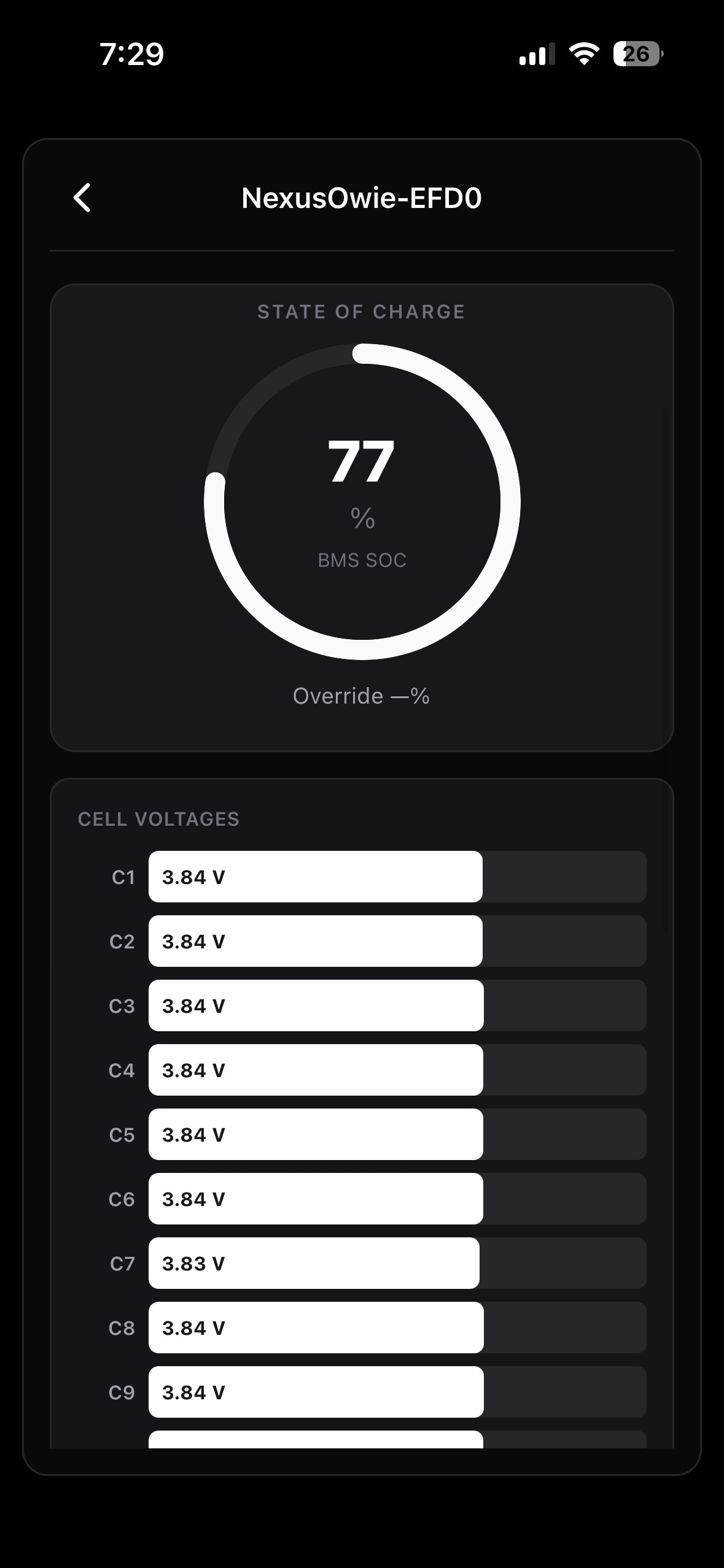 NexusBMS app advanced battery screen showing circular state of charge and cell voltage bars