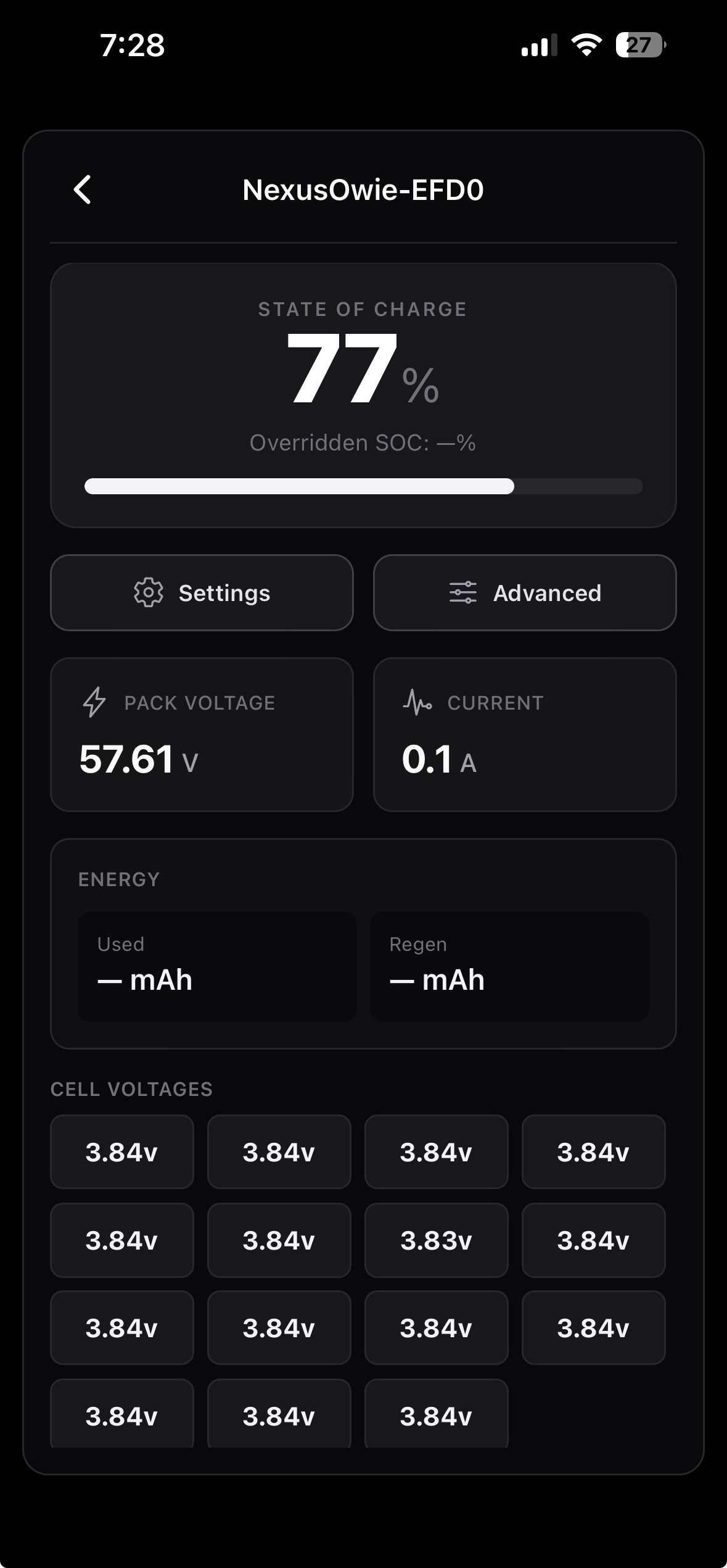 NexusBMS app dashboard showing state of charge, pack voltage, current, energy, and cell voltages