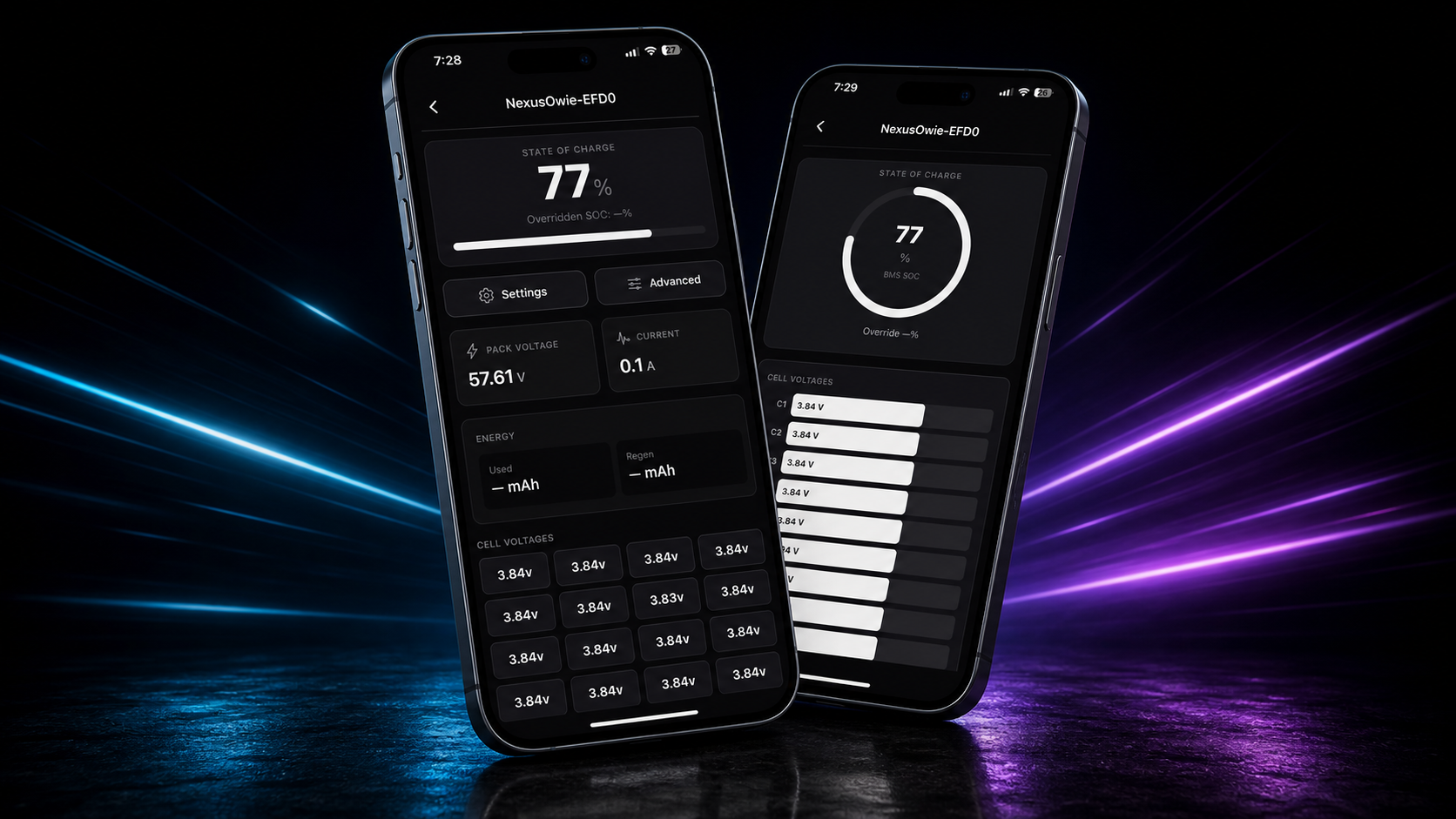 NexusBMS app shown on two phones with live battery monitoring data